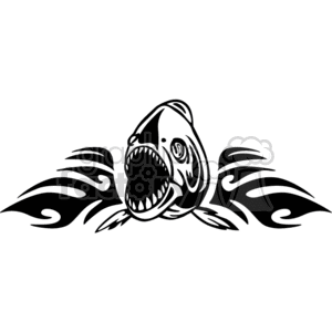 Black and white clipart image of a fierce fish with open mouth and sharp teeth, accompanied by tribal-style decorative elements.