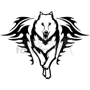 Black and white clipart image of a wolf with tribal-style flames extending from its sides.