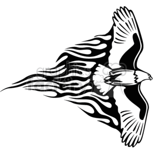 A black and white clipart image of a flying eagle with wings that transition into flame-like designs.