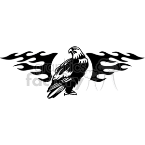 A black and white clipart image of an eagle with flame-like wings.