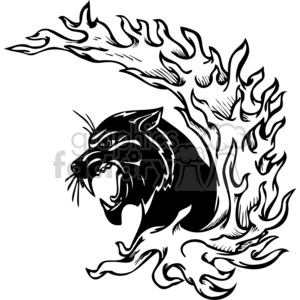 The clipart image depicts a stylized panther, with parts of its body composed of flames. The panther appears fierce and is roaring. The flames are intricately designed to represent motion and energy. This is a black and white image, with a bold and graphic style that could be used for vinyl cutouts, tattoos, or signage involving elements of wild animals and fire.