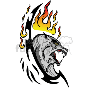 This clipart image features a stylized design of a snarling wolf enveloped by flames. The wolf's head is shown in a side profile with its mouth open, revealing sharp teeth. The design incorporates bold lines and contrasting colors, with the flames rendered in yellow, orange, and red hues, and the wolf in shades of gray, black, and white. The image has a dynamic and aggressive appearance, suitable for use as a tattoo design, vinyl cutter project, or as a graphic for various types of signage and merchandise with a wild or edgy theme.