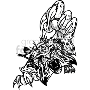 This image depicts a stylized illustration of a tiger's head with prominent details such as its fierce eyes, snarling mouth, sharp teeth, and extended claws, engulfed in a dynamic leaf-like motif. The black and white design is bold and suitable for vinyl cutting or as a tattoo template.