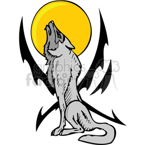 The image is a stylized clipart of a wolf howling. The wolf is depicted in shades of gray, sitting against a backdrop of what appears to be stylized black wings or perhaps abstract tribal designs, with a full yellow moon in the background. The image has a strong, dramatic feel and could be associated with themes of wilderness, freedom, or the spiritual symbolism of wolves.