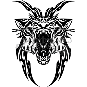 The image depicts a stylized graphic of a roaring tiger's head designed in a tribal tattoo style. This black and white image showcases a fierce tiger face with a wide-open mouth, sharp teeth, and intense eyes, accented by tribal patterns and flames swirling from its mane.