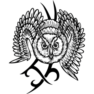 Black and white clipart image of an owl with spread wings and tribal-style elements.