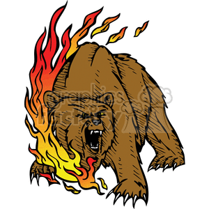 The clipart image features a fierce-looking brown grizzly bear with flames emanating from its body. The bear appears to be roaring or growling aggressively, and the flames add a dynamic, fierce aspect to the design. It's depicted in a style that would be suitable for tattoos or vinyl cutter designs, making it a versatile graphic for various applications.