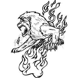 This clipart image displays a stylized depiction of a roaring lion with flames emanating from its body, indicating a sense of power and fierceness. The lion appears to be in mid-roar, with its mouth wide open and its paws outstretched. The flames add an element of fierceness and ferocity to the image. The black and white line art style makes this image suitable for vinyl cutting and tattoo design.