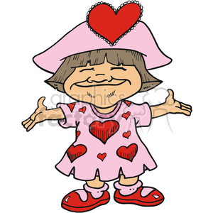 A cheerful girl in a pink dress adorned with red hearts, wearing a pink hat and red shoes, spreading her arms wide. The image is themed around love and Valentine's Day.