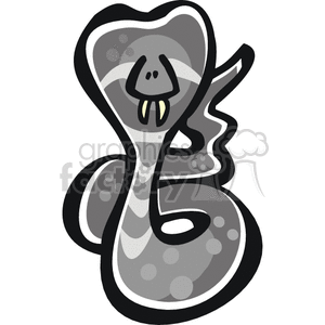 The image is a cartoon of a snake with sharp teeth, with a primarily gray body. The snake is coiled up with its head in the centre and its tail curling around its body. Its teeth are sharp and pointed. It has a long, slender body with small scales along its back.