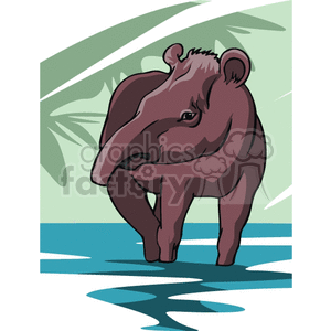 The image is a cartoon of a tapir, standing in water. It is surrounded by a blue-green backdrop. It has small ears and a short trunk.