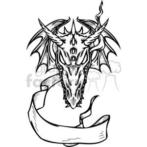 The clipart image features a stylized dragon head in the center with sharp, pointed horns and wings flanking its face. Below the dragon’s head is an unfurled scroll with both ends curled, suggesting space for text or decoration. The dragon and scroll design are done in a bold, graphic style suitable for vinyl cutting or similar artistic applications.
Possible 