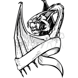 The image appears to be a black and white line drawing of a fearsome dragon. The dragon has a set of large wings, sharp teeth, and its tongue is visible. It’s entwined with a ribbon or scroll-style banner, which suggests the image could be used to add text for various purposes such as logos, decals, or decorative elements. The style appears to be suitable for vinyl cutting, which is a method of creating decals or stickers commonly used for signs or textiles.