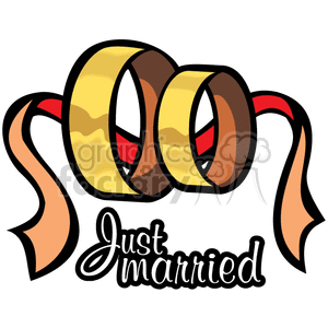 Clipart image of two gold wedding rings tied with a red ribbon and the words 'Just Married' beneath.