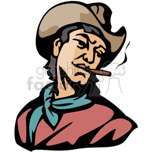 A Cowboy Wearing a Brown Leather Hat Blue Bandana and a Red Shirt Smoking