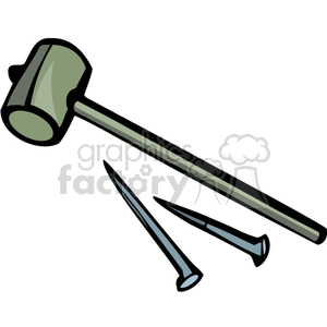 A clipart image depicting a hammer and two metal railroad spikes, associated with railroad construction in the Wild West.