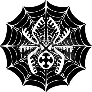 The clipart image shows a stylized spider centered within a web. The design is created in high contrast black and white which is ideal for vinyl cutting applications. The spider has a decorative body with various patterns, which might suggest a black widow due to the presence of a hourglass-shaped pattern typically associated with this species. The web has intricate details emphasizing the spooky or creepy aesthetic often linked to Halloween.