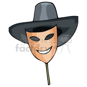 A smiling, theatrical wooden mask with a wide-brimmed gray hat.