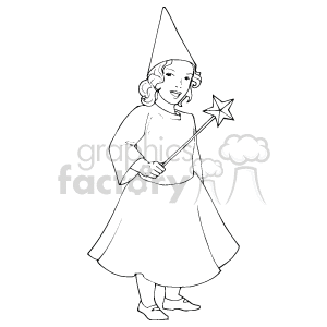 Line drawing of a young girl in a fairy costume, wearing a conical hat and holding a star wand, suitable for Halloween.