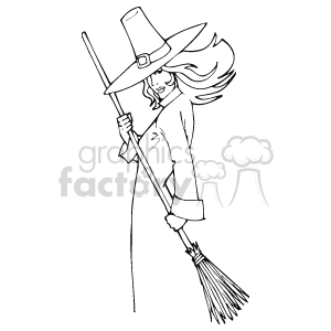 Black and white clipart image of a witch with a hat holding a broom.