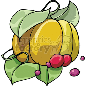 A colorful clipart image of a pumpkin surrounded by leaves and berries, symbolizing a festive Thanksgiving theme.