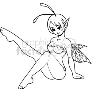 Line art image of a fantasy elf girl with wings posing playfully. The character resembles anime style and is winking while sitting with one leg extended. Suitable for vinyl cutting and fantasy-themed projects.