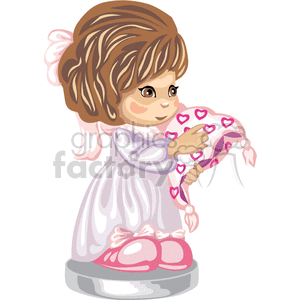 A little brown haired girl in a nightgown holding a heart print blanket