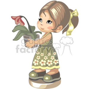 Little girl in a tan flowered dress holding a potted lily