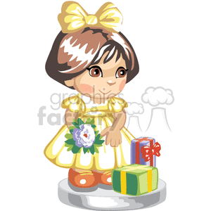 Cute little girl dressed in yellow holding flowers and presents