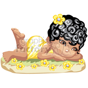 A Little Black Haired Girl Laying Down Looking at Yellow Flowers