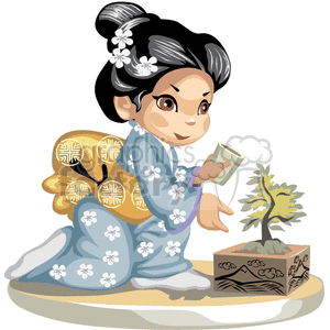   Asian little girl in a  blue kimono watering a bonsai tree 