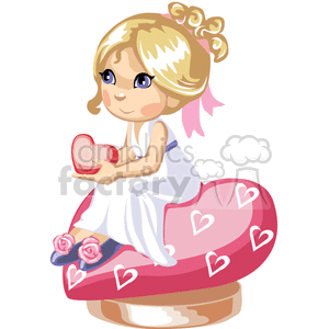 Blond girl holding a heart sitted in heart shape pillow