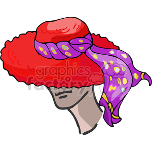 A clipart image of a head wearing a large red hat with a purple scarf wrapped around it.