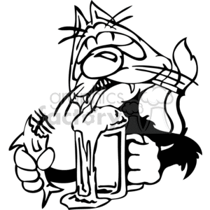 The clipart image features a cartoon representation of a cat holding a fish in one paw and a mug of beer in another. The cat displays a whimsical, possibly tipsy expression with exaggerated features such as a wide-open eye and a droopy whiskered face. The artwork is stylized in bold black and white lines, making it suitable for vinyl cutting or printing.