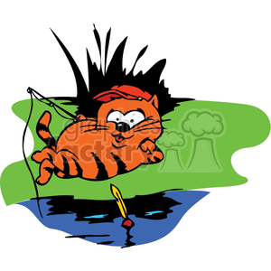 This clipart image depicts a humorous scene of an orange-striped cat wearing a red hat and lying on its side on a green surface that resembles grass. The cat has a playful and mischievous expression as it holds a fishing rod that extends into the water below. The water is represented by a blue and black wave pattern with the fishing line ending with a hook and a red and yellow lure or bait poised just above the surface.