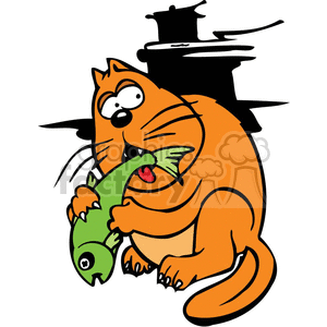 The clipart image features an orange cat with a comedic expression, wide eyes, and its mouth wide open, about to eat a large, green fish. The cat is holding the fish with its front paws, and the fish appears alarmed by the situation. Behind the cat, there's a hint of a black object which looks like a pot or pan.