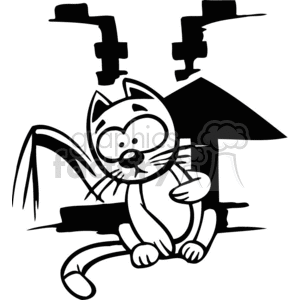 This clipart image features a stylized, cartoon-like depiction of a cat. The cat appears surprised or alarmed, with wide eyes and whiskers that seem to stand on end. It has stripes on its body and tail and is sitting in front of what looks like a leaky faucet, with drops of water dripping down, creating a funny and cute scene. The image is monochromatic, designed in black and white, suitable for vinyl cutting or printing uses due to its clear lines and high contrast.