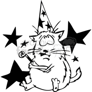 The image is a black and white clipart of a funny-looking cat wearing a party hat with stars and holding a noisemaker (party blower). There are large stars around the cat, suggesting a celebration or party atmosphere. The style appears cartoonish and simple, which is ideal for vinyl-ready designs for birthday party decorations or invitations. 