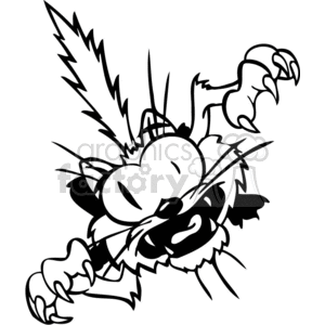 This is a black and white clipart image featuring a cartoon cat in a wild or frantic state. The cat is depicted with exaggerated features: large, wide eyes, sharp teeth, and extended claws. Its fur appears to be standing on end, and it has a very animated, almost electrified pose that conveys a sense of being scared or crazy.