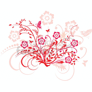 A vibrant clipart image featuring decorative red and pink flowers with intricate swirls, leaves, and butterflies. The illustration has a whimsical and elegant floral design.