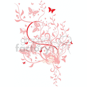 A pink and red clipart image featuring butterflies and swirling floral vines.