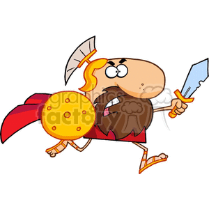 A humorous cartoon depiction of a Spartan warrior with a red cape, shield, and sword, appearing ready to fight.