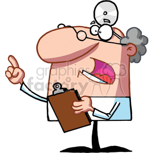 A cartoon illustration of a doctor holding a clipboard and pointing with one finger.