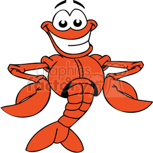 The image depicts a cartoonish lobster with a comical expression. It has a big smile, big googly eyes, and is posed with its claws outstretched, giving it a friendly and amusing appearance.