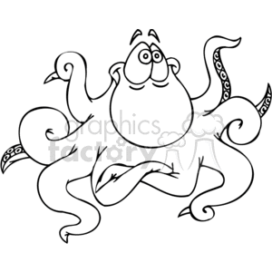 The image is a black and white line drawing of a cartoon-style octopus. The octopus has a round, bulbous body, large eyes with eyelids half-closed in a humorous expression, and eight tentacles, some of which feature decorative patterns near their tips.