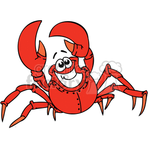 The image displays a cartoonish red crab with a comical facial expression. It has big, round eyes and a wide, friendly smile, which contributes to the humorous aspect of the illustration. The crab has its claws open as if gesturing or ready to hug, adding to the animated and lively character of the clipart.
