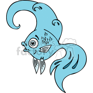 This clipart image features a whimsical, cartoon-style drawing of a fish. The fish has an exaggerated, curly tail and fins, a wide-eyed expression, and a comically surprised or shocked mouth. Its scales are indicated with simple lines, and it sports quirky little details like little marks near its gills, suggesting a lively personality or reaction.