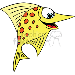 The image depicts a brightly colored, caricatured fish with a funny expression. The fish is yellow with red spots, and has big, bulging eyes and a wide, smiling mouth, giving it a comical appearance.
