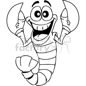 The image is a black and white clipart of a cartoon lobster with a big smile, large expressive eyes, and its claws raised as if it's in a cheerful or welcoming pose. 