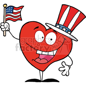 A cheerful cartoon heart character wearing a patriotic Uncle Sam hat and holding a small American flag.